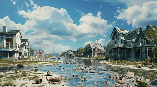 Flooded Street in a Post-Apocalyptic Town with Houses in Ruins