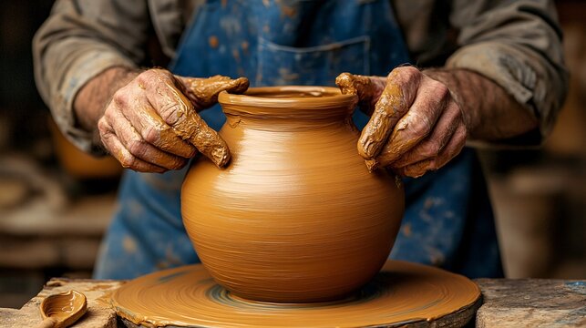 Artisanal pottery workshop, potter at wheel