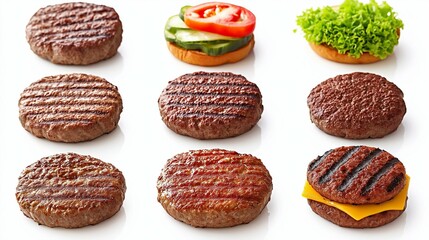collection of grilled hamburger meat isolated on white background
