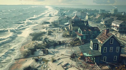 A Coastal Town Ravaged by a Storm, Leaving Behind Damaged Homes and Debris