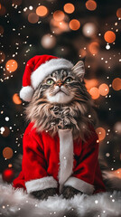 Xmas vibes - christmas mood - happy funny cute mainecoon cat wearing santa claus hat in front of...