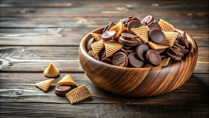 Round wooden bowl filled with delicious chocolate pieces and chips, chocolate, dessert, snack, sweets, cocoa