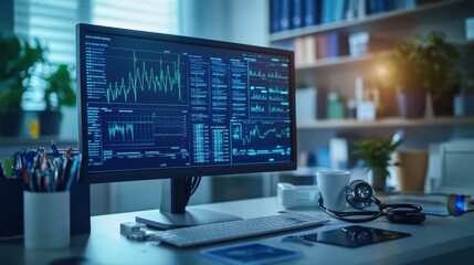 Fototapeta premium Medical workstation with healthcare professional analyzing blood analysis on screen, showing detailed graphs and charts. Stethoscope and medical instruments add realism to clinical setup.