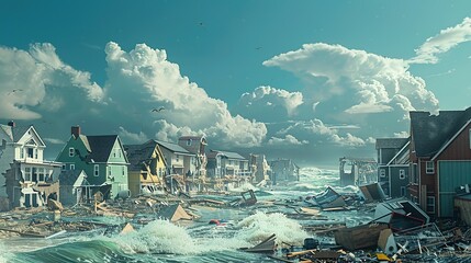 A Coastal Town Ravaged by Storm Surge and Powerful Waves