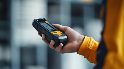 Closeup of a handheld scanner tracking items, symbolizing streamlined inventory management in logistics