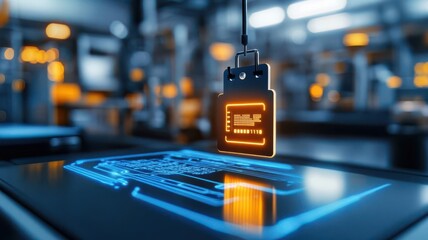 Closeup of a digital tracking tag on a product, connected to a logistics inventory system