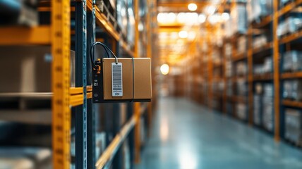 Closeup of a digital tracking tag on a product, connected to a logistics inventory system