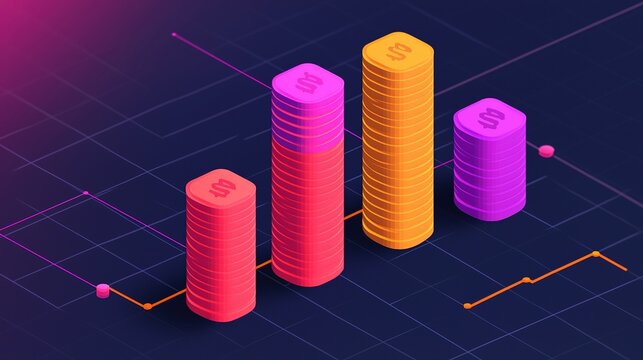 A vibrant 3D bar graph showcasing data trends with colorful stacks representing different values against a dark background.