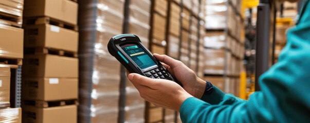 A worker using a handheld device to update inventory levels in a warehouse filled with neatly stacked boxes