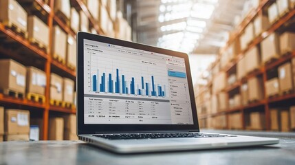 A laptop displaying data analysis stands in a warehouse, surrounded by stacked boxes, highlighting the intersection of technology and logistics.