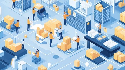 Obraz premium A seamless inventory replenishment process with workers organizing stock and updating inventory systems