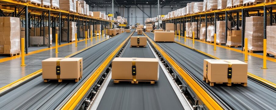 A seamless conveyor system moving packages through a warehouse, with tracking sensors on each item