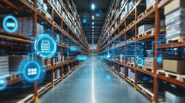 Warehouse with labeled shelves and a digital system indicating inventory positions and tracking statuses