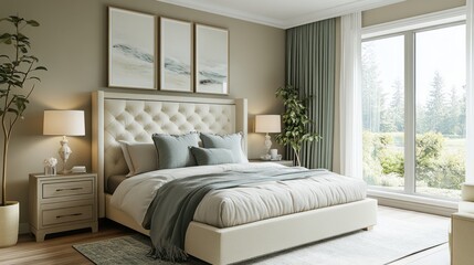 Fototapeta premium Modern Bedroom Interior with Plush Bed, Neutral Tones, and Natural Light