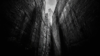 generative ai, Dark, dramatic black-and-white architectural photograph of towering concrete walls with minimal light and sharp geometric contrasts