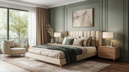 Fototapeta premium Modern Bedroom Interior with Plush Bed and Greenery View
