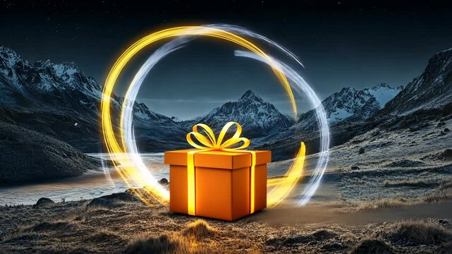 A gift box sits in a snowy mountain valley, with a glowing circle above it