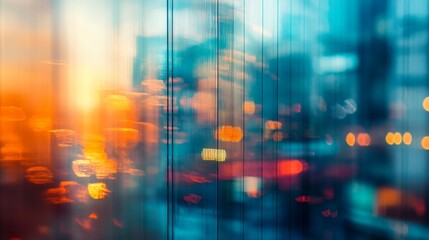 Obraz premium Abstract urban reflection: vibrant orange sunset merges with teal cityscape, creating dreamy bokeh effect on glass surface. Blurred lights evoke bustling metropolis energy.