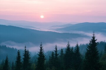 Obraz premium Breathtaking sunset over majestic mountains and misty forest for serene scenic backdrops