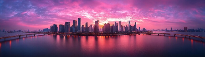 Watercolor bridge leading over a river toward a glowing 2025 city skyline, pastel sky