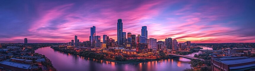 Obraz premium Watercolor bridge leading over a river toward a glowing 2025 city skyline, pastel sky