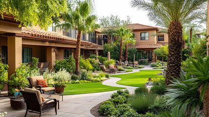 Inviting Exterior of a Senior Living Community, Featuring Gardens, Walking Paths, and Comfortable Outdoor Seating . 4k image