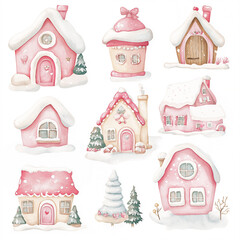 Watercolor Merry Christmas set of traditional gingerbread houses and with decoration . Isolated on white background