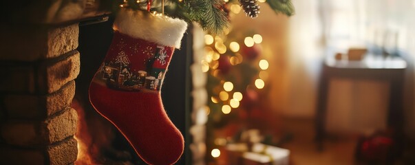 A beautifully decorated red Christmas sock hanging by the hearth, creating a warm and festive atmosphere.