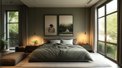Fototapeta premium Modern Bedroom Interior with a Green Color Palette and Natural Light