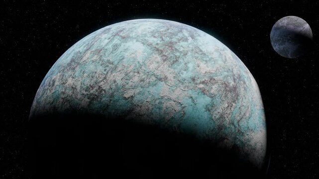 Animation of a planet and its moon, with the moon moving towards the camera and getting larger