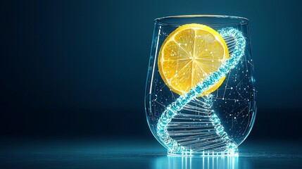 Lemon DNA helix, vibrant glowing strands inside, scientific study vibe