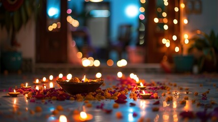 Lit Diyas with Flower Petals and Bokeh Lights