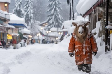 Person in a Sheep Mask Walks Through a Snowy Village Street During Wintertime, Japan.