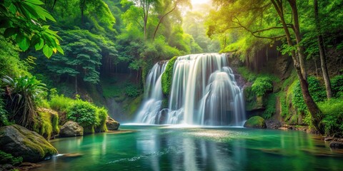 Fototapeta premium Beautiful waterfall flowing peacefully through a lush green forest , nature, landscape, waterfall, forest, scenery, peaceful