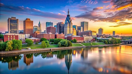 Naklejka premium Downtown Nashville skyline with iconic buildings across the Cumberland River, Nashville, Tennessee