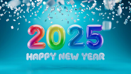 2025 in colorful digits with minimalistic happy new year text on blue background full of confetti 