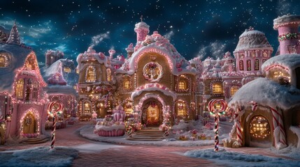 A whimsical gingerbread village under a starry snowy sky