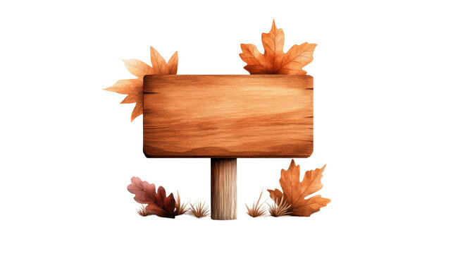 A rustic wooden sign surrounded by autumn leaves, isolated on a white background, transparent background.