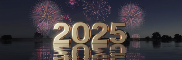 bold 2025 in golden letters set against dark background with colorful fireworks 