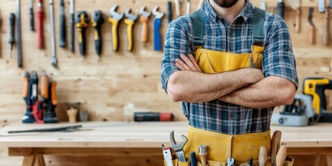 A man in a plaid shirt and apron stands confidently in a workshop surrounded by various tools, embodying a skilled craftsman.