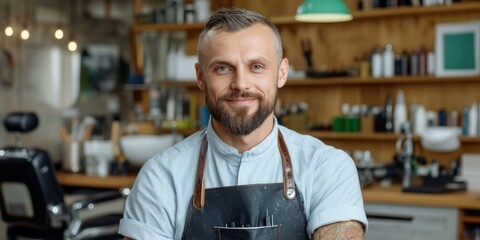 Obraz premium A smiling barber in an apron stands confidently in a well-lit barbershop filled with various grooming products and tools.
