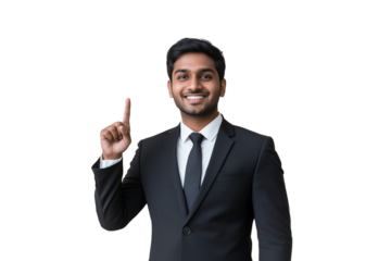 Photo of a smiling young Indian businessman with his index finger pointing upward to show something, isolated on transparent background