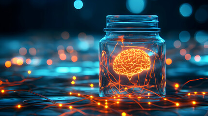 AI brain in a jar, connected to a sprawling network of glowing data cables . 4k image