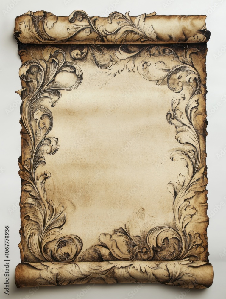 Poster an ornate scroll with intricate floral designs, set against an isolated white background. the parchm