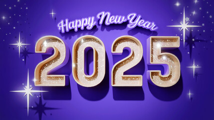 happy new year with large glittery 2025 words written against purple background