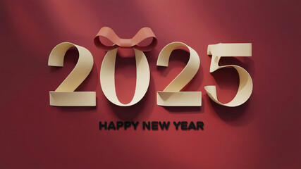 2025 with minimalistic happy new year text written on deep premium red background 