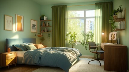 Modern Bedroom with Green Accents and a Sunlit Workspace