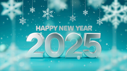 2025 happy new year text in bold letters against blue background having snow flakes with wintery feel