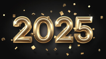 shiny 2025 golden text written with festive scene, dark black background 