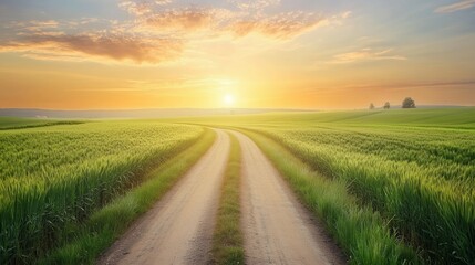 Fototapeta premium A tranquil dirt road through lush green fields at sunrise with soft clouds in the sky and warm light illuminating the landscape